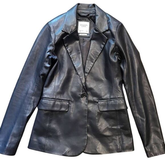 Abercrombie & Fitch Blazer Women's XS Black Vegan Leather One Button Classic - Picture 1 of 8